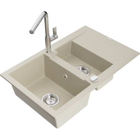 Mexen Gaspar granieten spoelbak 1,5-kamer met afdruiprek en keukenmengkraan Flora, beige - 6507-69-670401-00