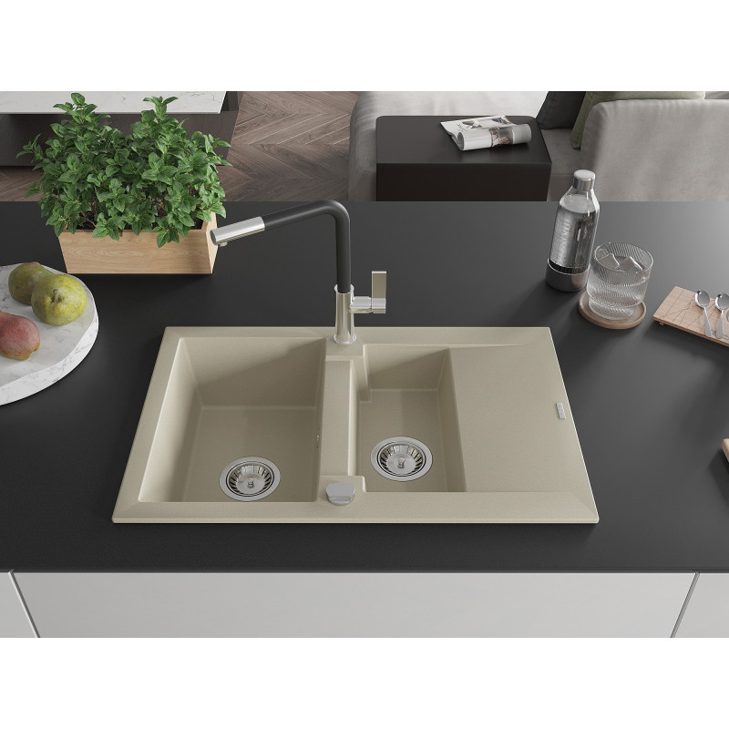 Mexen Gaspar Granitspüle 1,5-Becken mit Abtropffläche und Küchenarmatur Flora, beige - 6507-69-670401-07