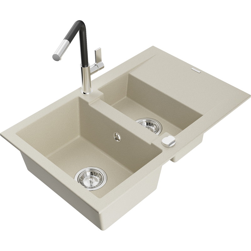 Mexen Gaspar granieten gootsteen 1,5-komoren met afdruiprek en keukenmengkraan Flora, beige - 6507-69-670401-07