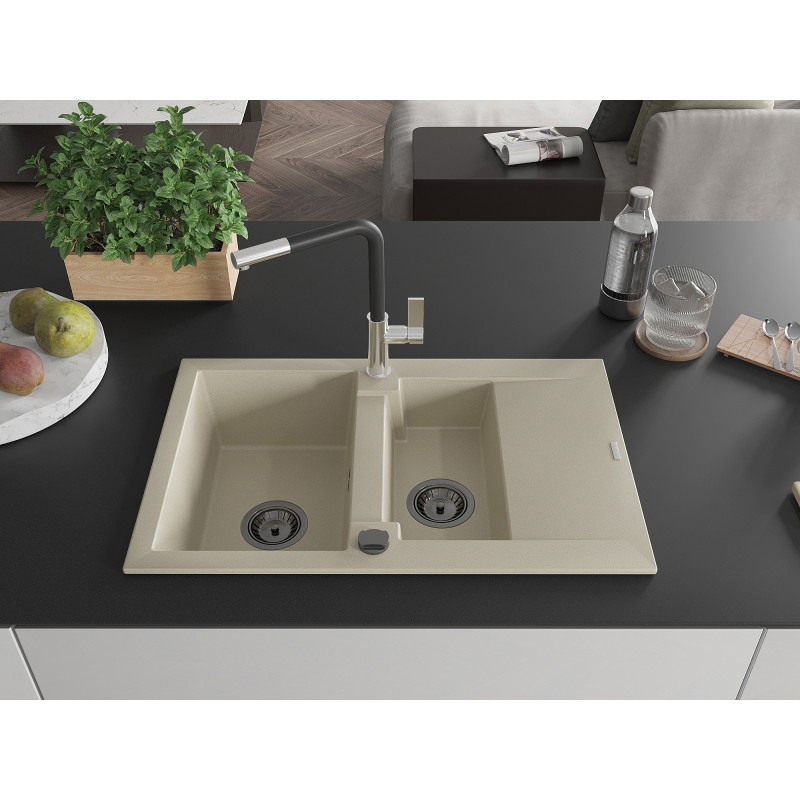 Mexen Gaspar 1,5-komorige granieten gootsteen met afdruiprek en Flora keukenkraan, beige - 6507-69-670401-07-B