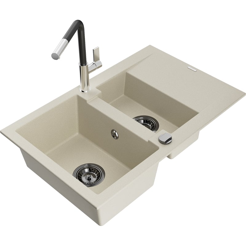 Mexen Gaspar 1.5-bowl granite sink with drainer and Flora kitchen faucet, beige - 6507-69-670401-07-B