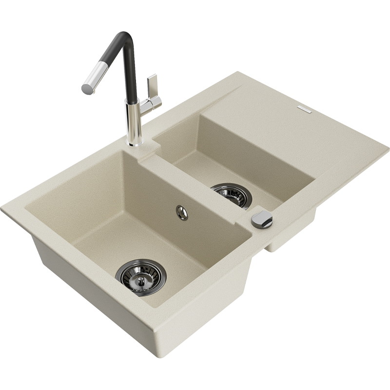 Mexen Gaspar 1,5-komorige granieten gootsteen met afdruiprek en Flora keukenkraan, beige - 6507-69-670401-07-B