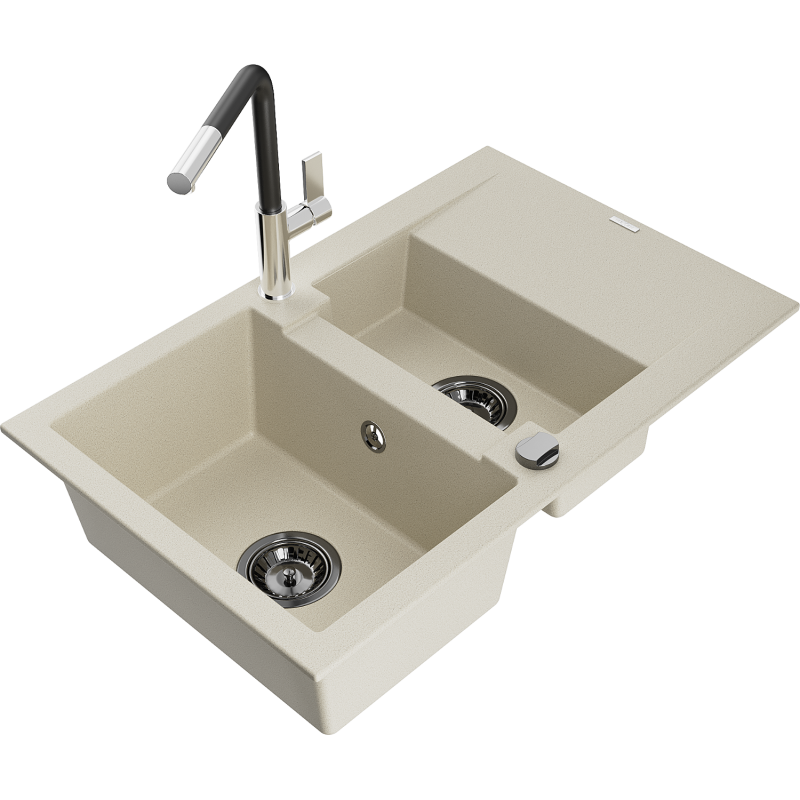 Mexen Gaspar fregadero de granito de 1,5 senos con escurridor y grifo de cocina Flora, beige - 6507-69-670401-07-B