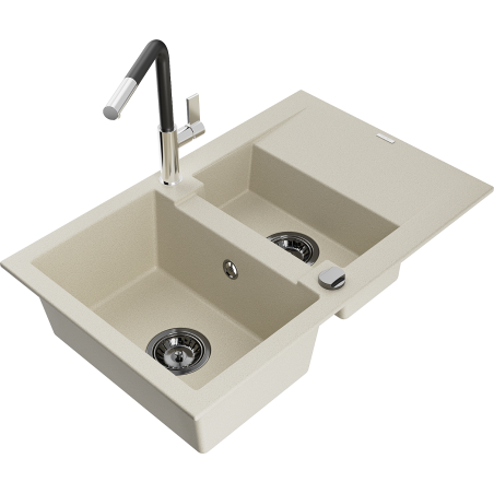 Mexen Gaspar granite sink 1.5-bowl with drainer and Flora kitchen tap, beige - 6507-69-670401-07-B
