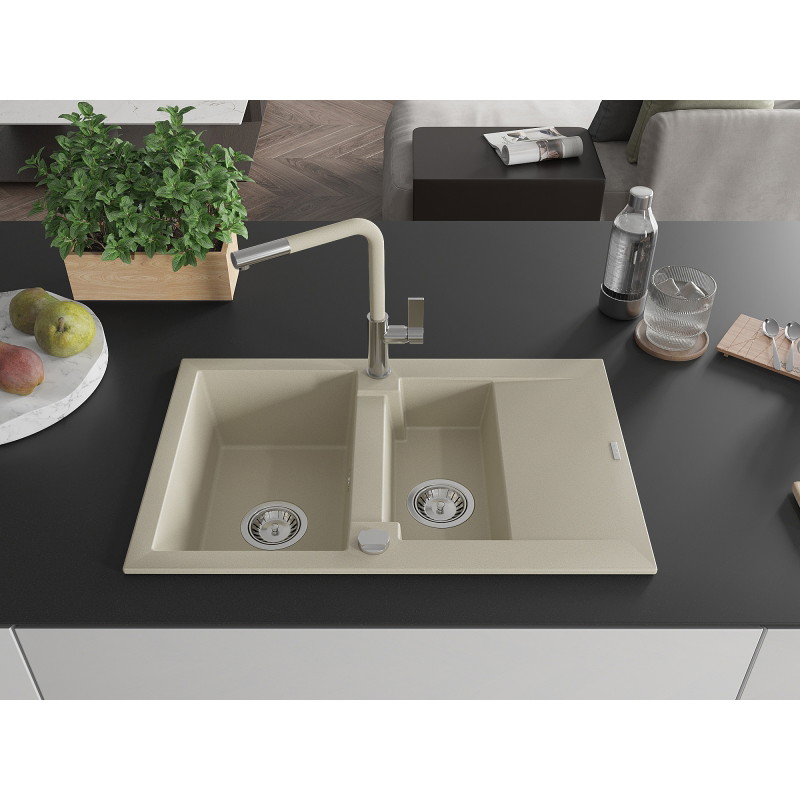Mexen Gaspar granieten spoelbak 1,5-compartiment met afdruiprek en keukenmengkraan Flora, beige - 6507-69-670401-09