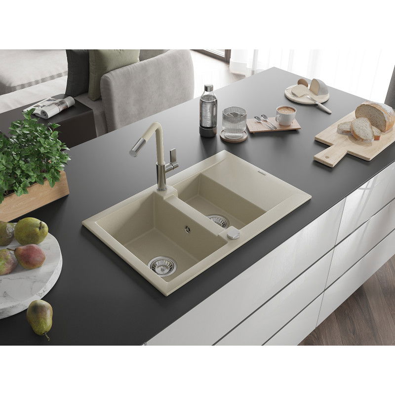 Mexen Gaspar lavello in granito 1,5 vasche con scolapiatti e rubinetto da cucina Flora, beige - 6507-69-670401-09