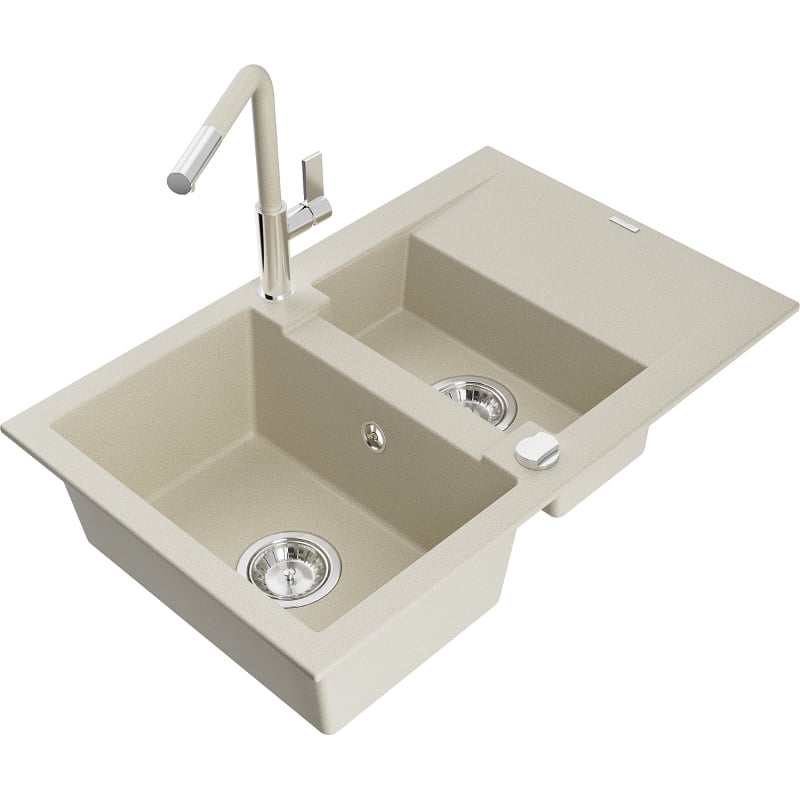 Mexen Gaspar granite sink 1.5-bowl with drainer and Flora kitchen faucet, beige - 6507-69-670401-09