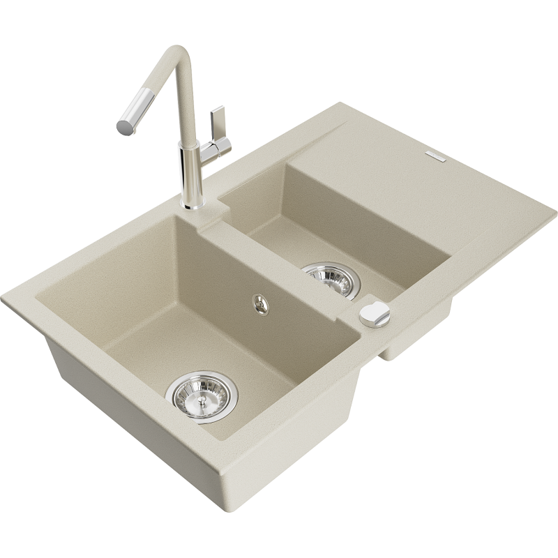 Mexen Gaspar Granitspüle 1,5-becken mit Abtropffläche und Küchenarmatur Flora, Beige - 6507-69-670401-09