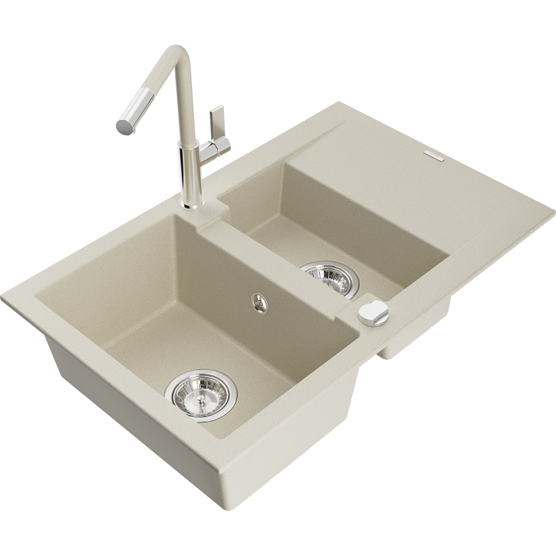 Mexen Gaspar lava-loiça de granito 1,5-bacia com escorredor e torneira de cozinha Flora, bege - 6507-69-670401-09