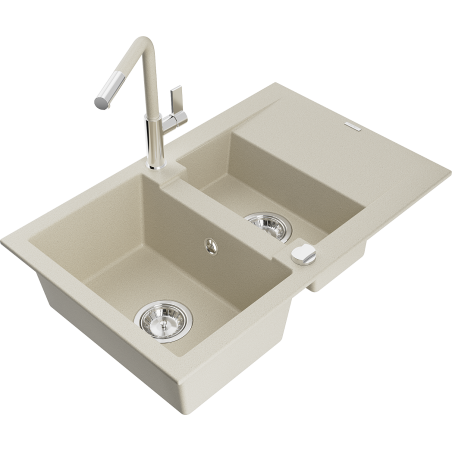 Mexen Gaspar Granitspüle 1,5-becken mit Abtropffläche und Küchenarmatur Flora, Beige - 6507-69-670401-09