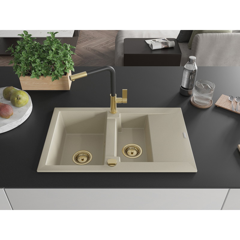 Mexen Gaspar granieten gootsteen 1,5-komorige met afdruiprek en keukenmengkraan Flora, beige - 6507-69-670401-57-G