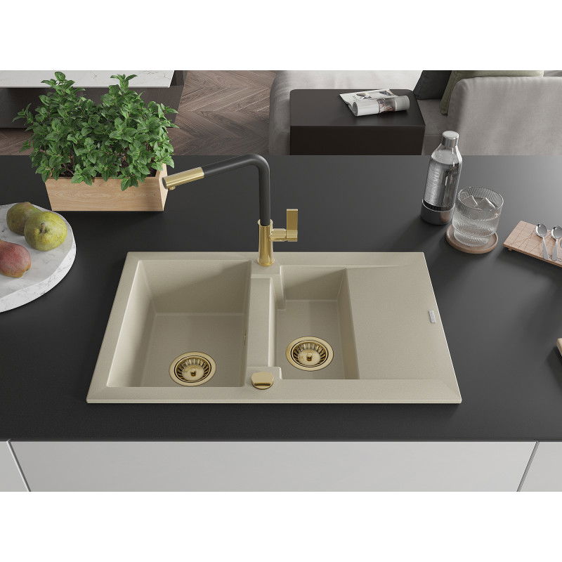Mexen Gaspar lavello in granito 1,5 vasche con scolapiatti e rubinetto da cucina Flora, beige - 6507-69-670401-57-G
