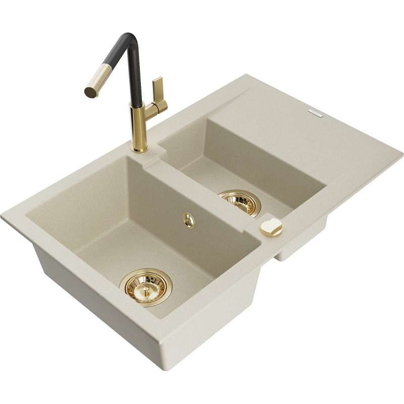 Mexen Gaspar évier en granit 1,5 bac avec égouttoir et robinet de cuisine Flora, beige - 6507-69-670401-57-G