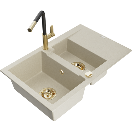 Mexen Gaspar fregadero de granito 1,5 senos con escurridor y grifo de cocina Flora, beige - 6507-69-670401-57-G