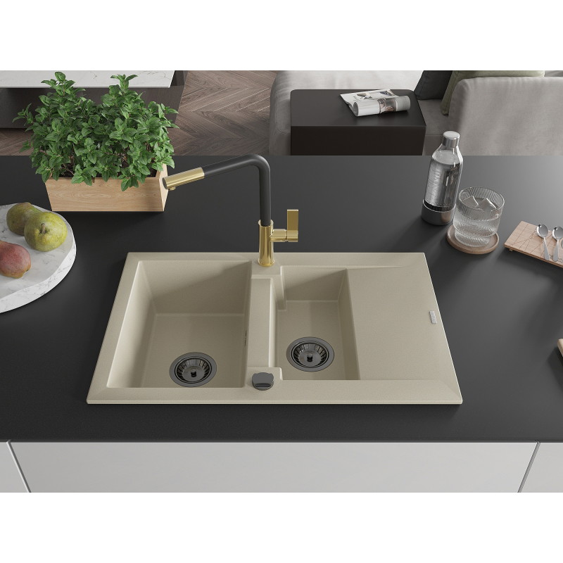 Mexen Gaspar évier en granit 1,5 bacs avec égouttoir et robinet de cuisine Flora, beige - 6507-69-670401-57-B