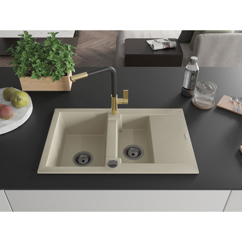 Mexen Gaspar Granitspüle 1,5-Becken mit Abtropffläche und Küchenarmatur Flora, beige - 6507-69-670401-57-B