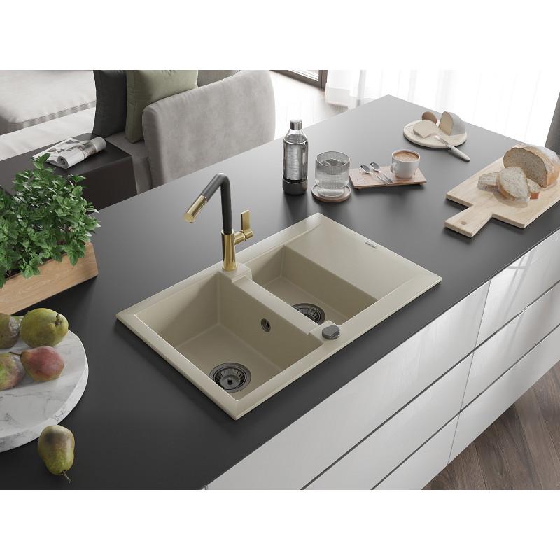 Mexen Gaspar granitische spoelbak 1,5-kamerig met afdruiprek en keukenmengkraan Flora, beige - 6507-69-670401-57-B