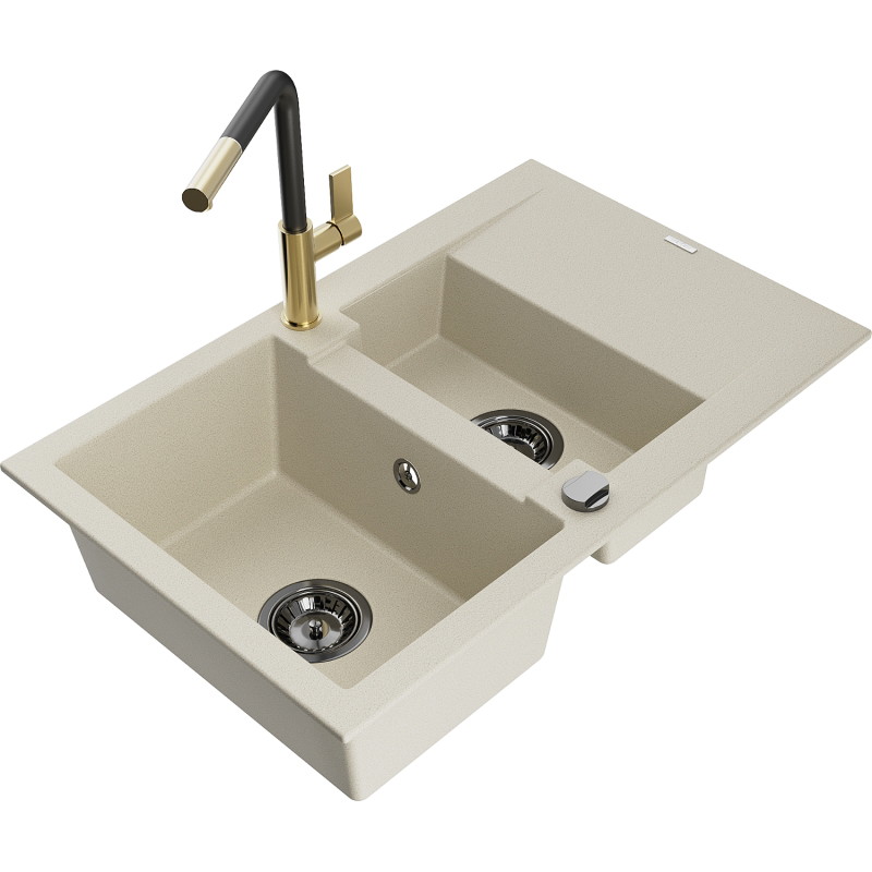 Mexen Gaspar granitische spoelbak 1,5-kamerig met afdruiprek en keukenmengkraan Flora, beige - 6507-69-670401-57-B