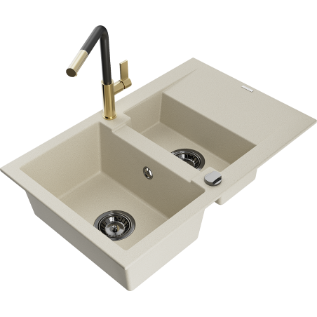 Mexen Gaspar évier en granit 1,5 bacs avec égouttoir et robinet de cuisine Flora, beige - 6507-69-670401-57-B