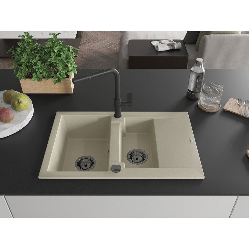 Mexen Gaspar lavello in granito 1,5 vasca con scolapiatti e rubinetto da cucina Flora, beige - 6507-69-670401-70-B