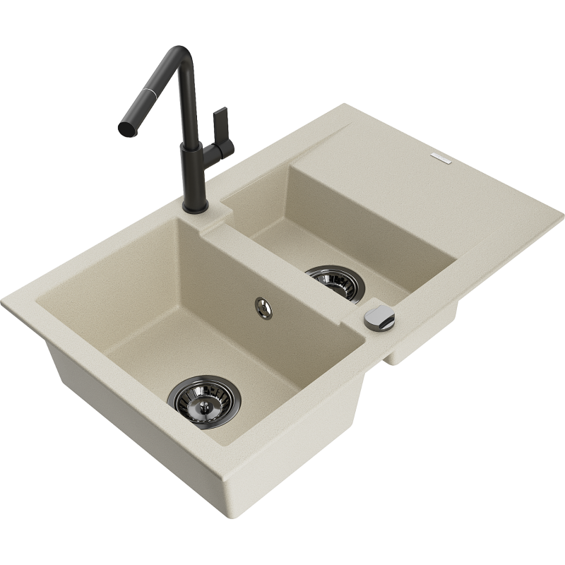 Mexen Gaspar granitdiskho med 1,5 fack med avrinningsyta och Flora köksblandare, beige - 6507-69-670401-70-B