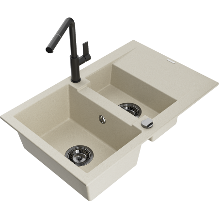 Mexen Gaspar granite sink 1.5-chamber with drainer and kitchen tap Flora, beige - 6507-69-670401-70-B