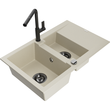 Mexen Gaspar granitische spoelbak 1,5-komorig met afdruiprek en keukenmengkraan Flora, beige - 6507-69-670401-70-B