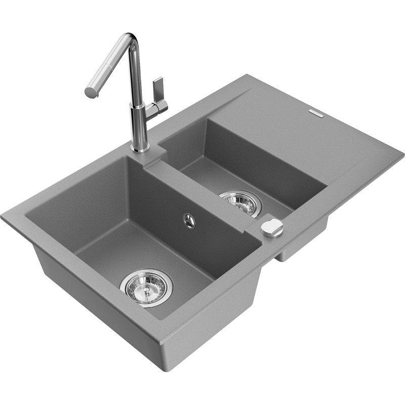 Mexen Gaspar évier en granit 1,5 bac avec égouttoir et robinet de cuisine Flora, gris - 6507-71-670401-00