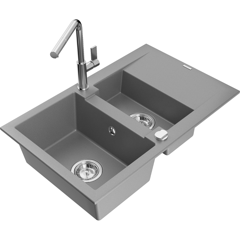 Mexen Gaspar fregadero de granito 1,5-cubetas con escurridor y grifo de cocina Flora, gris - 6507-71-670401-00