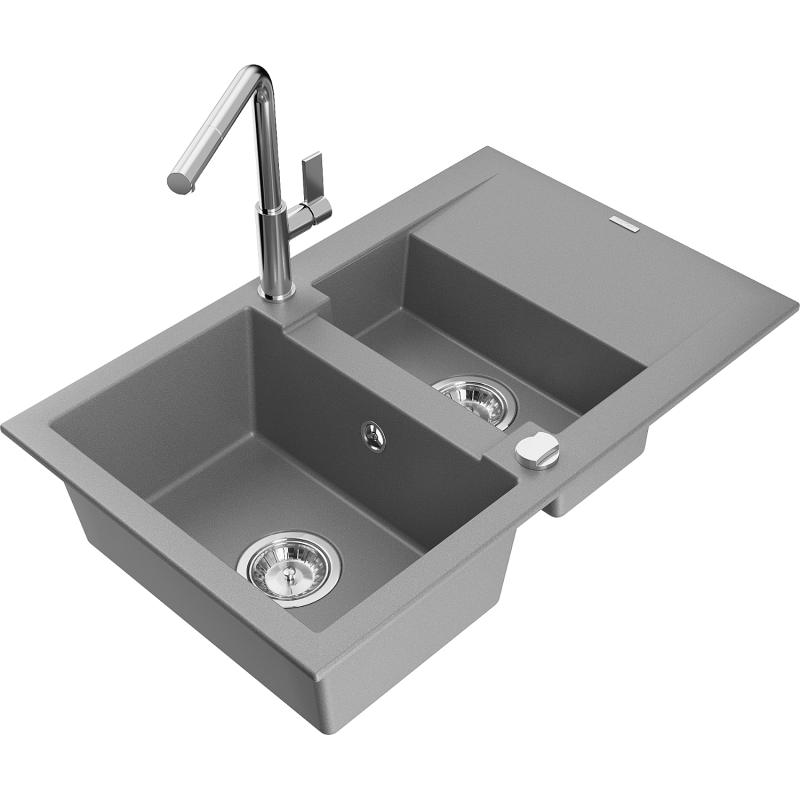 Mexen Gaspar Granitspüle 1,5-beckig mit Abtropffläche und Küchenarmatur Flora, grau - 6507-71-670401-00