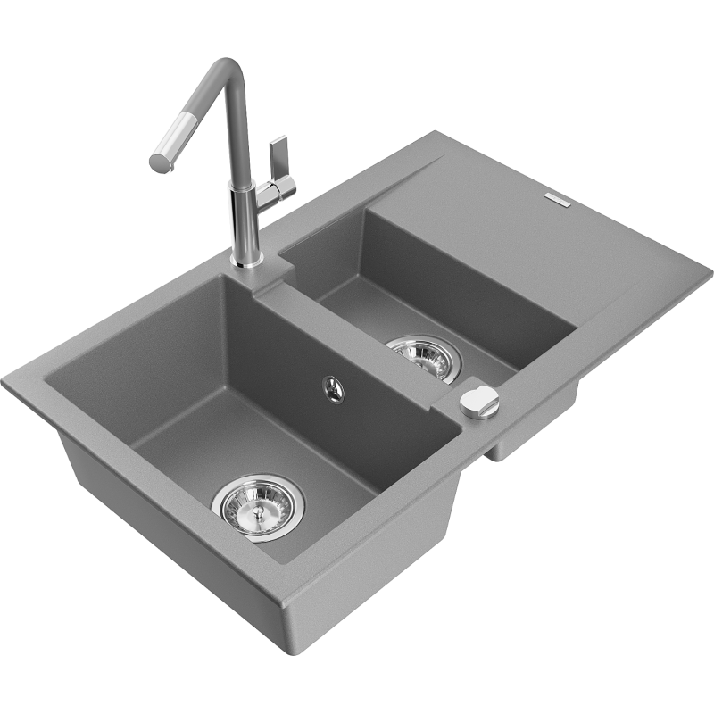 Mexen Gaspar lava-loiça de granito de 1,5 bacias com escorredor e torneira de cozinha Flora, cinza - 6507-71-670401-06