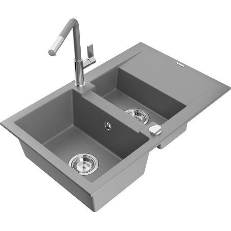 Mexen Gaspar fregadero de granito de 1,5 senos con escurridor y grifo de cocina Flora, gris - 6507-71-670401-06