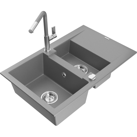 Mexen Gaspar granite sink 1.5-bowl with drainer and Flora kitchen faucet, gray - 6507-71-670401-06