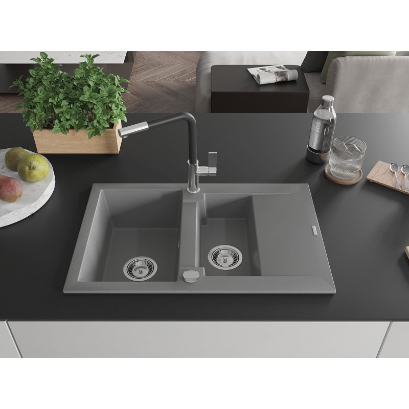 Mexen Gaspar granite sink 1.5-bowl with drainer and Flora kitchen tap, grey - 6507-71-670401-07