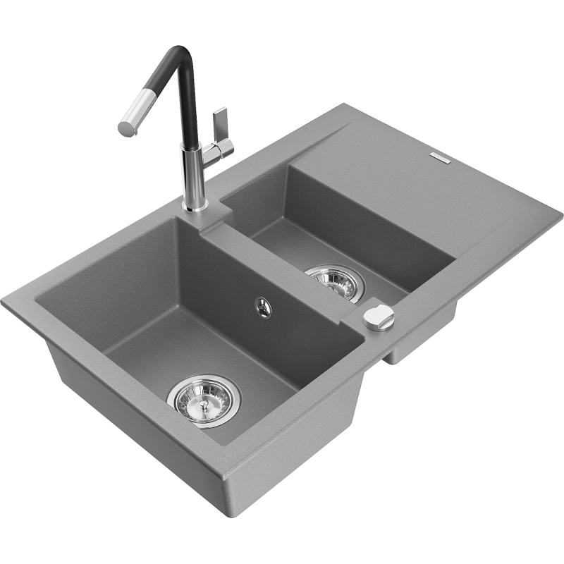 Mexen Gaspar granitā izlietne ar 1,5 nodalījumiem, atpludinātāju un virtuves jaucējkrānu 'Flora', pelēka - 6507-71-670401-07