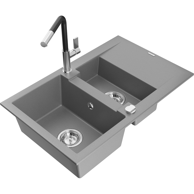 Mexen Gaspar granite sink 1.5-bowl with drainer and Flora kitchen tap, grey - 6507-71-670401-07