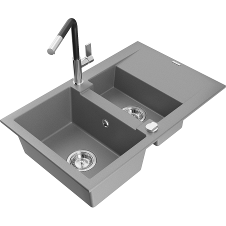 Mexen Gaspar granite sink 1.5-bowl with drainer and Flora kitchen tap, grey - 6507-71-670401-07