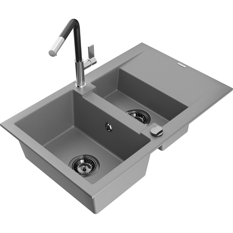 Mexen Gaspar fregadero de granito de 1,5 senos con escurridor y grifo de cocina Flora, gris - 6507-71-670401-07-B