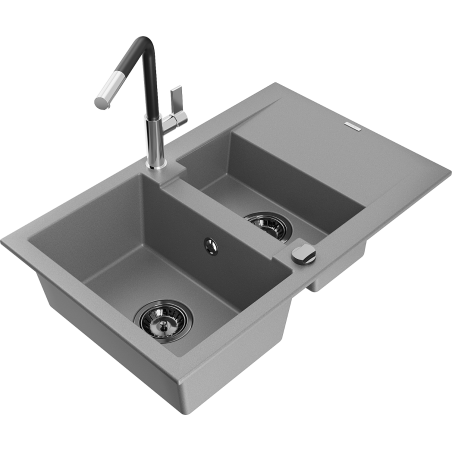 Mexen Gaspar 1.5-bowl granite sink with drainer and Flora kitchen tap, grey - 6507-71-670401-07-B