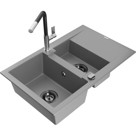 Mexen Gaspar fregadero de granito de 1,5 senos con escurridor y grifo de cocina Flora, gris - 6507-71-670401-07-B
