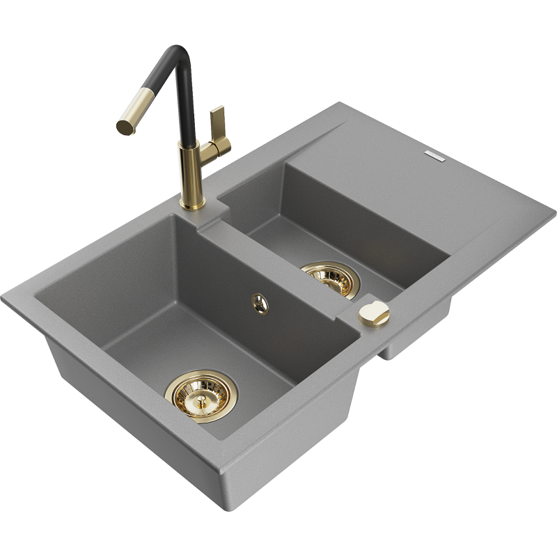 Mexen Gaspar fregadero de granito 1,5-bolsillos con escurridor y grifo de cocina Flora, gris - 6507-71-670401-57-G