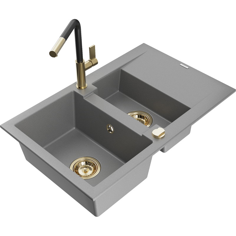 Mexen Gaspar fregadero de granito de 1,5 senos con escurridor y grifo de cocina Flora, gris - 6507-71-670401-57-G