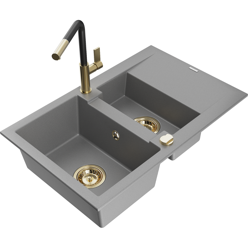 Mexen Gaspar Graniittinen 1,5-altaainen keittiöallas astiankuivaustelineellä ja Flora-keittiöhanalla, harmaa