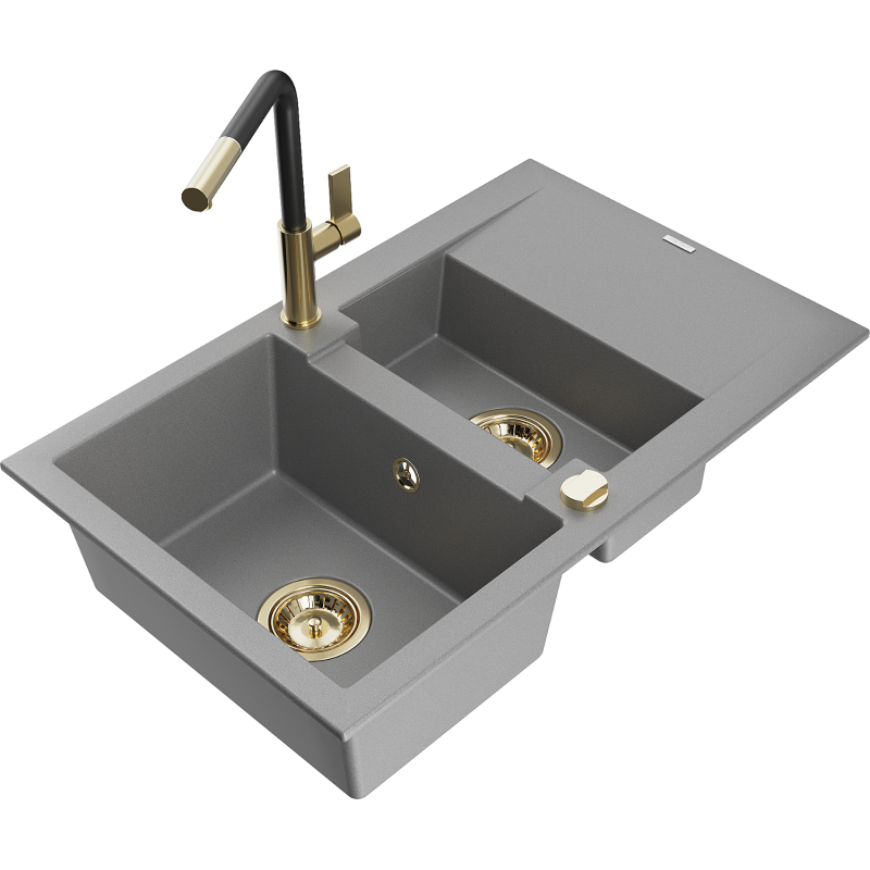 Mexen Gaspar lavello in granito da 1,5 vasche con scolapiatti e rubinetto cucina Flora, grigio - 6507-71-670401-57-G