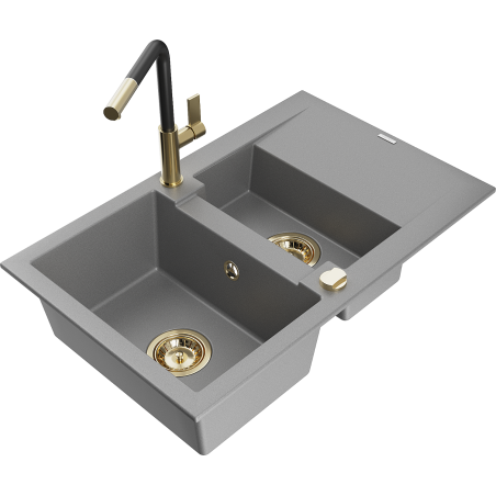 Mexen Gaspar granite kitchen sink 1.5-bowl with drainer and Flora kitchen tap, grey - 6507-71-670401-57-G