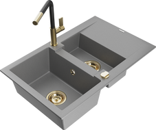 Mexen Gaspar 1.5-bowl Granite Sink with Drainer and Flora Kitchen Faucet, Gray - 6507-71-670401-57-G