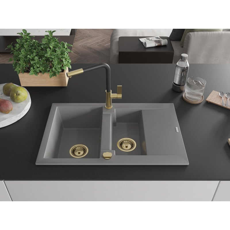 Mexen Gaspar granite kitchen sink 1.5-bowl with drainer and Flora kitchen tap, grey - 6507-71-670401-57-G