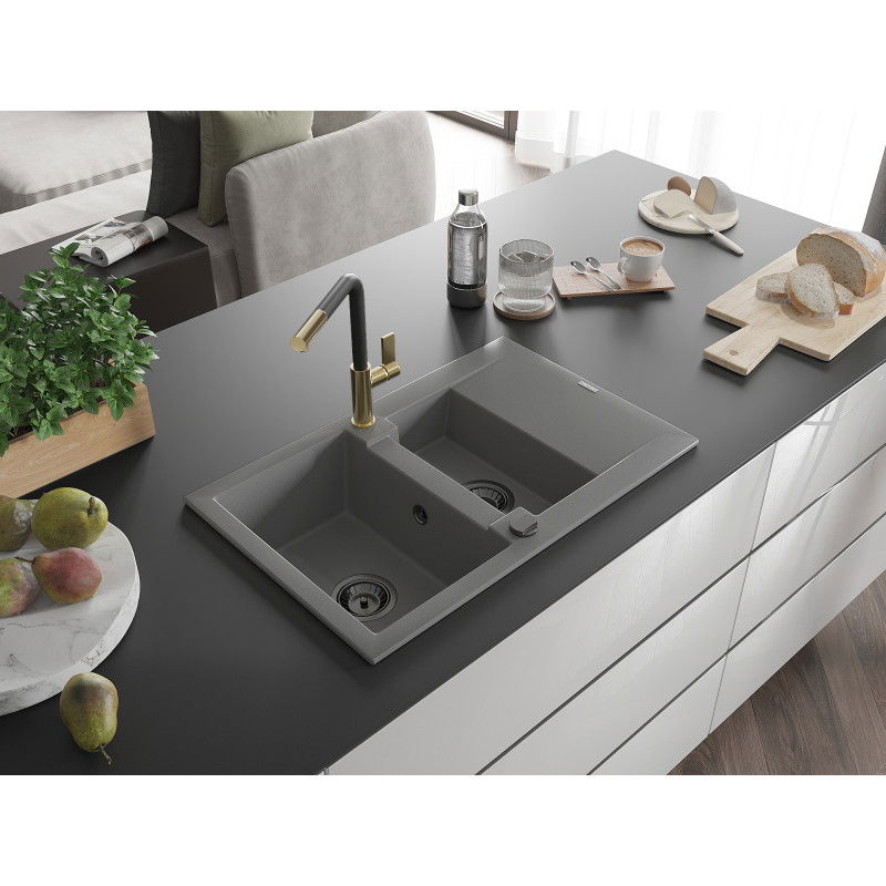 Mexen Gaspar fregadero de granito de 1,5 senos con escurridor y grifo de cocina Flora, gris - 6507-71-670401-57-B