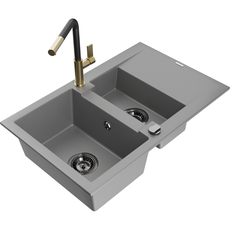 Mexen Gaspar fregadero de granito de 1,5 senos con escurridor y grifo de cocina Flora, gris - 6507-71-670401-57-B