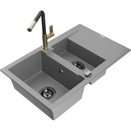 Mexen Gaspar fregadero de granito de 1,5 senos con escurridor y grifo de cocina Flora, gris - 6507-71-670401-57-B